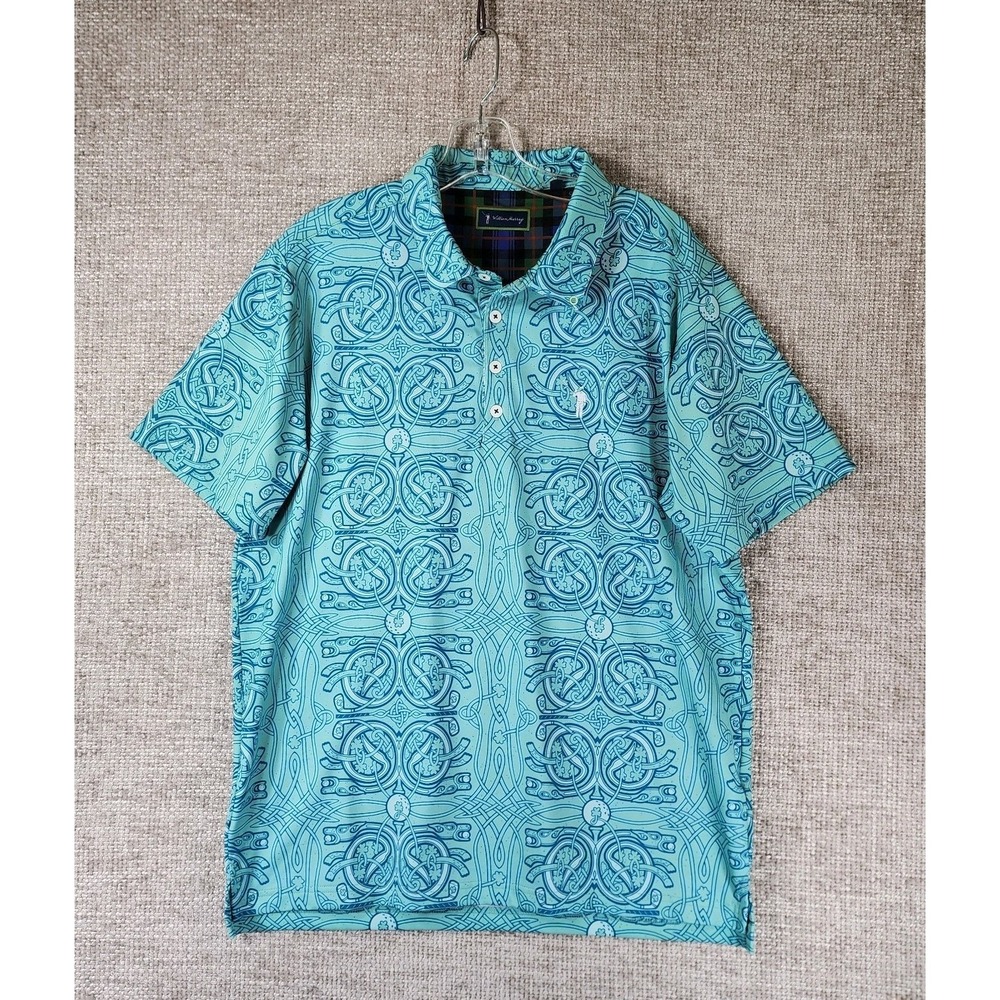 William Murray Golf Shirt Polo Mens L Aqua Shamrock Viking Print Short Sleeve